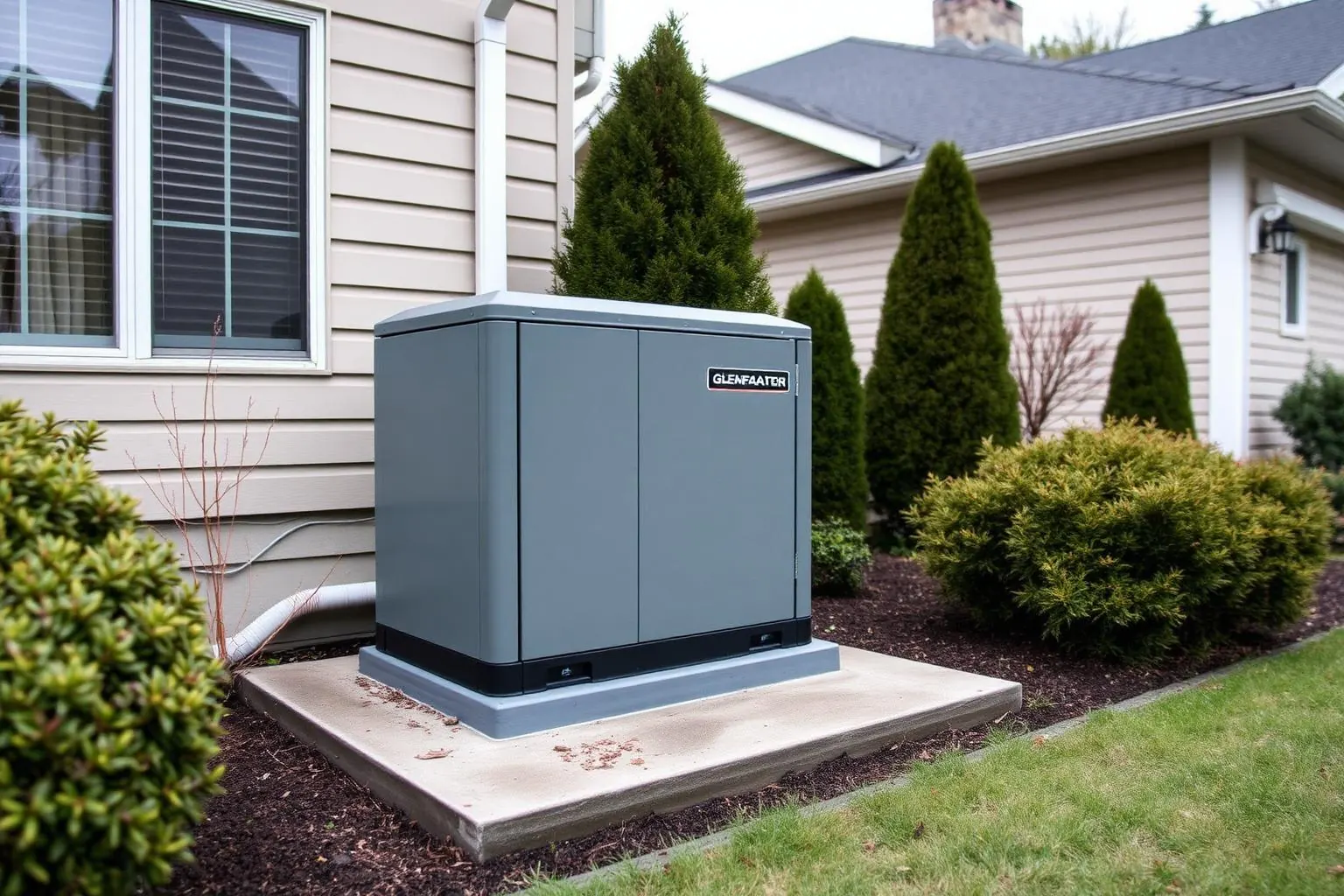 standby generator on a concrete pad beside a home