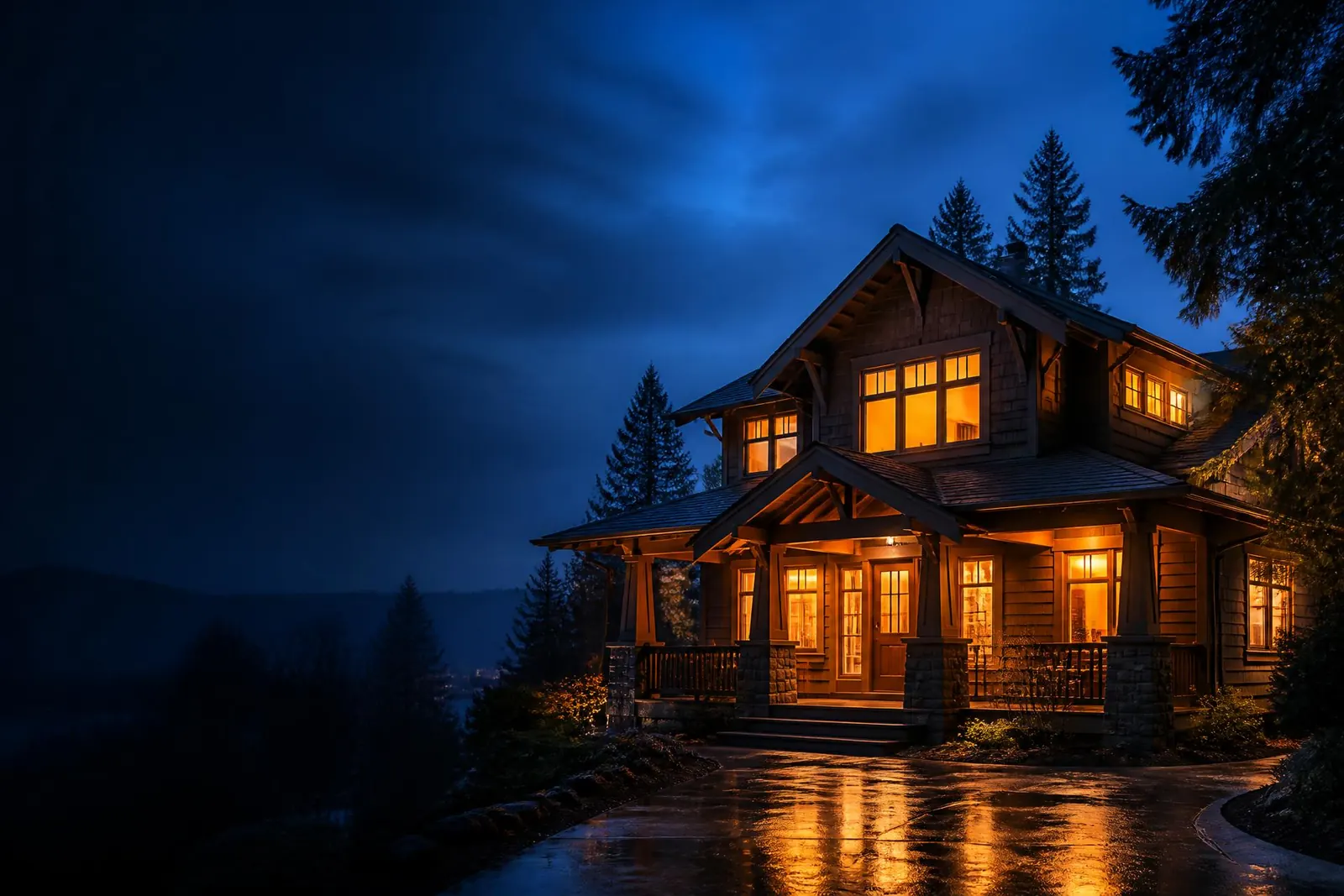 craftsman home at dusk with warm window light