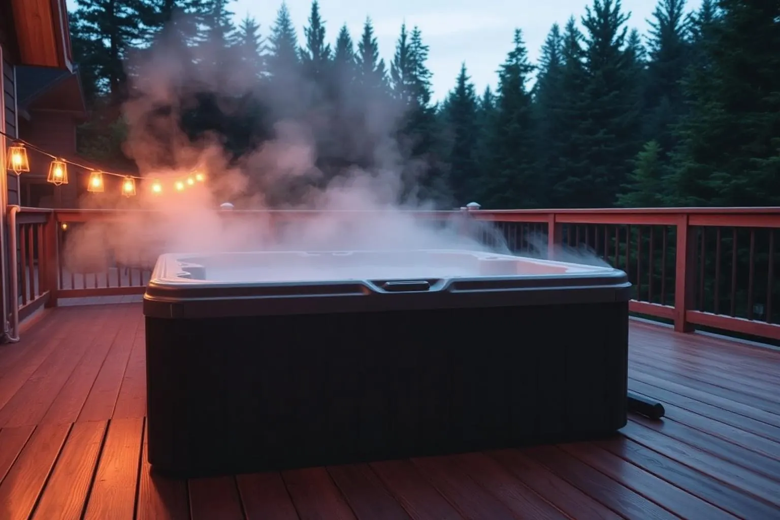 outdoor hot tub on a wooden deck at dusk