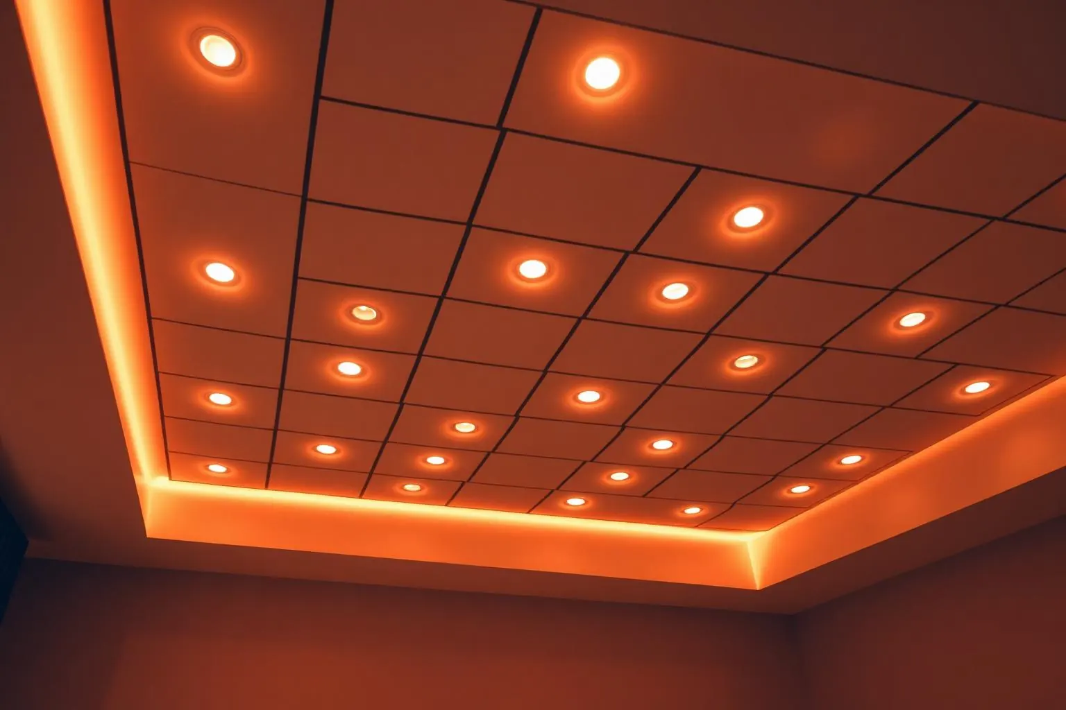 recessed ceiling downlights in a warm modern room