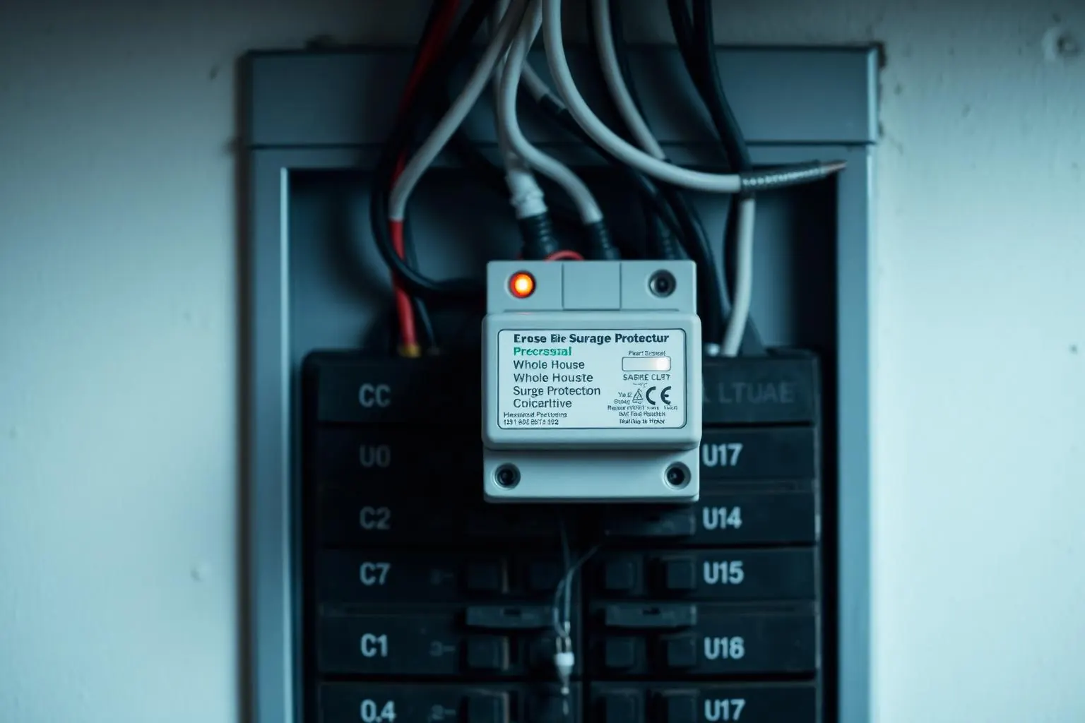 whole-house surge protector device at an electrical panel